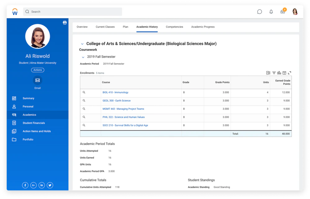 screenshot of Workday Student